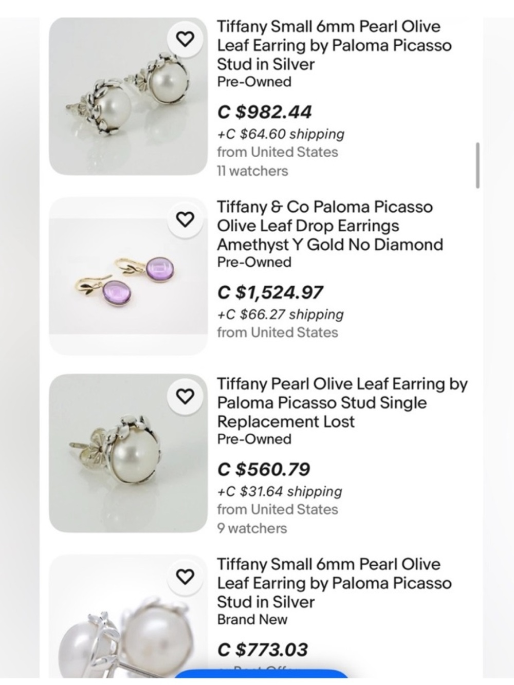 Tiffany silver olive leaf pearl earrings - Picture 9 of 9